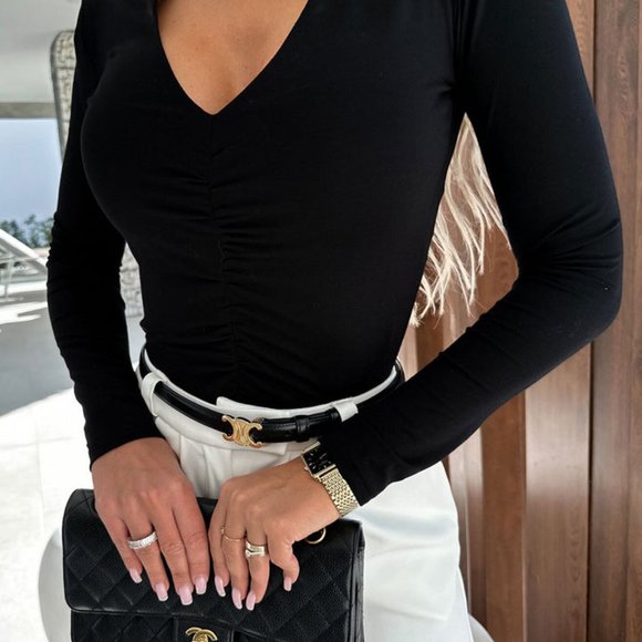 FRONT RUCHED BODYSUIT TOP-BLACK - Picture 6 of 8